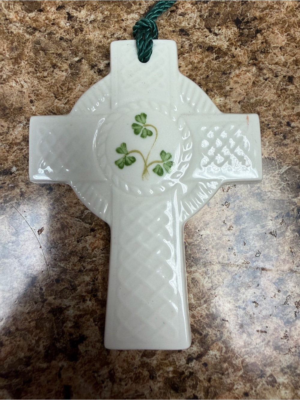 Donegal by Belleek Celtic Cross Shamrock Porcelain Ornament Irish Green Tassel